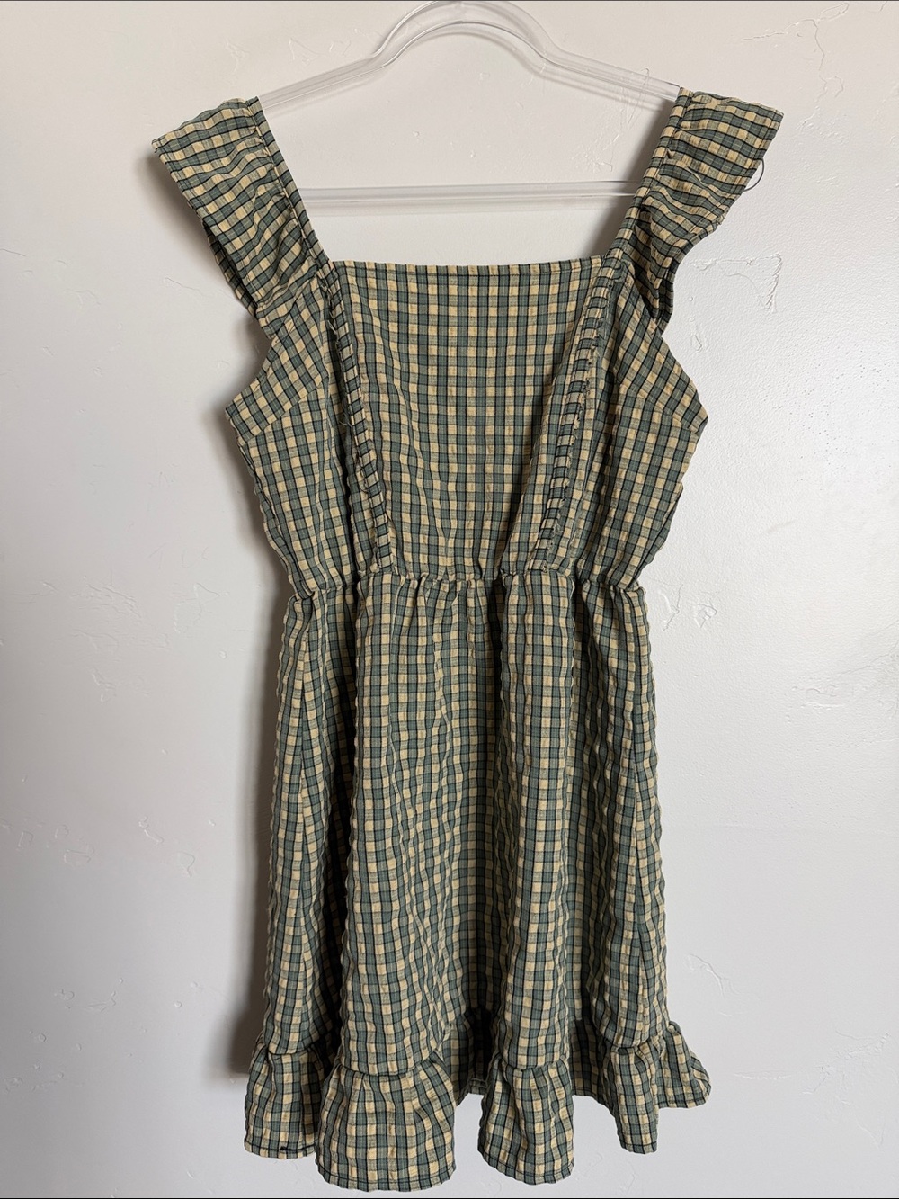 wild fable Green and Yellow Plaid Ruffle Strap Dress Feminine Smocked Back